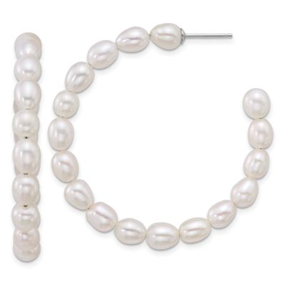 5-6mm White Rice Freshwater Cultured Pearl Beaded Post Hoop Earrings Sterling Silver Rhodium-plated