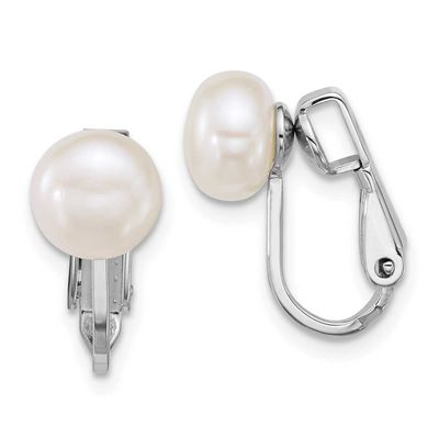 7-8mm White Button Freshwater Cultured Pearl Non Pierced Earrings Sterling Silver Rhodium-plated, Q