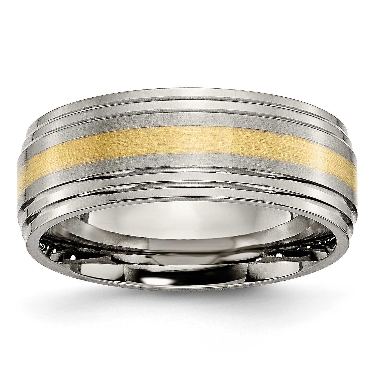 14k Gold Inlay 8mm Ridged Edge Band Titanium Brushed Center, TB101-12.5, 883957751979