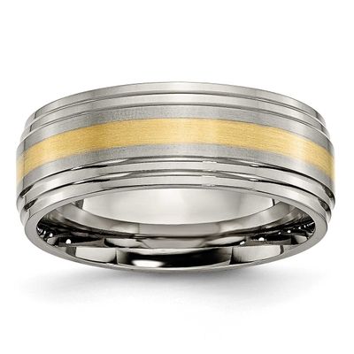 14k Gold Inlay 8mm Ridged Edge Band Titanium Brushed Center, TB101-12.5, 883957751979