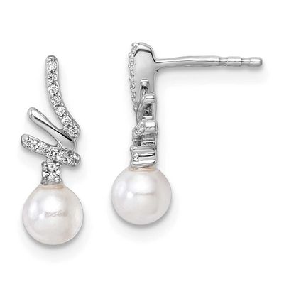 Polished Diamond and Pearl Drop Post Earrings 14k White Gold, EM10193-010-WAA,