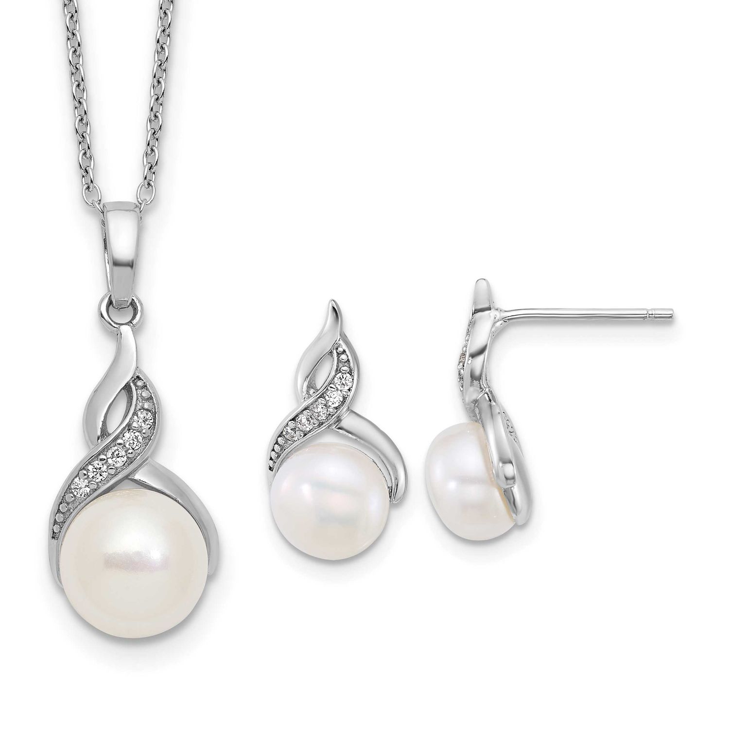 7-9mm White Button Freshwater Cultured Pearl and CZ 17 inch Necklace and Post Earrings Set Sterling