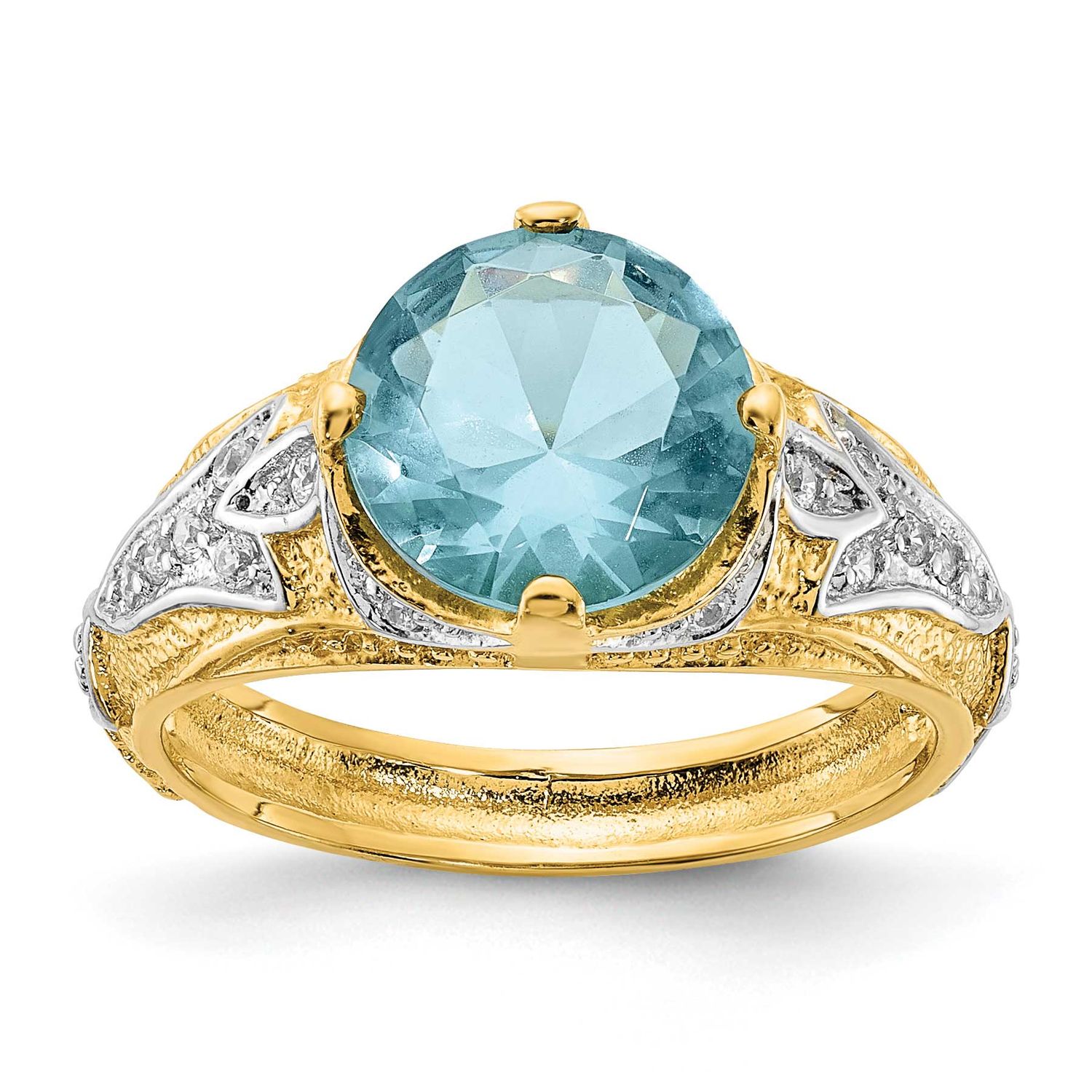 Cheryl M and Gold-plated Polished and Textured Blue Glass and CZ Ring Sterling Silver Rhodium-plate