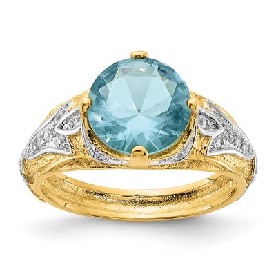 Cheryl M and Gold-plated Polished and Textured Blue Glass and CZ Ring Sterling Silver Rhodium-plate