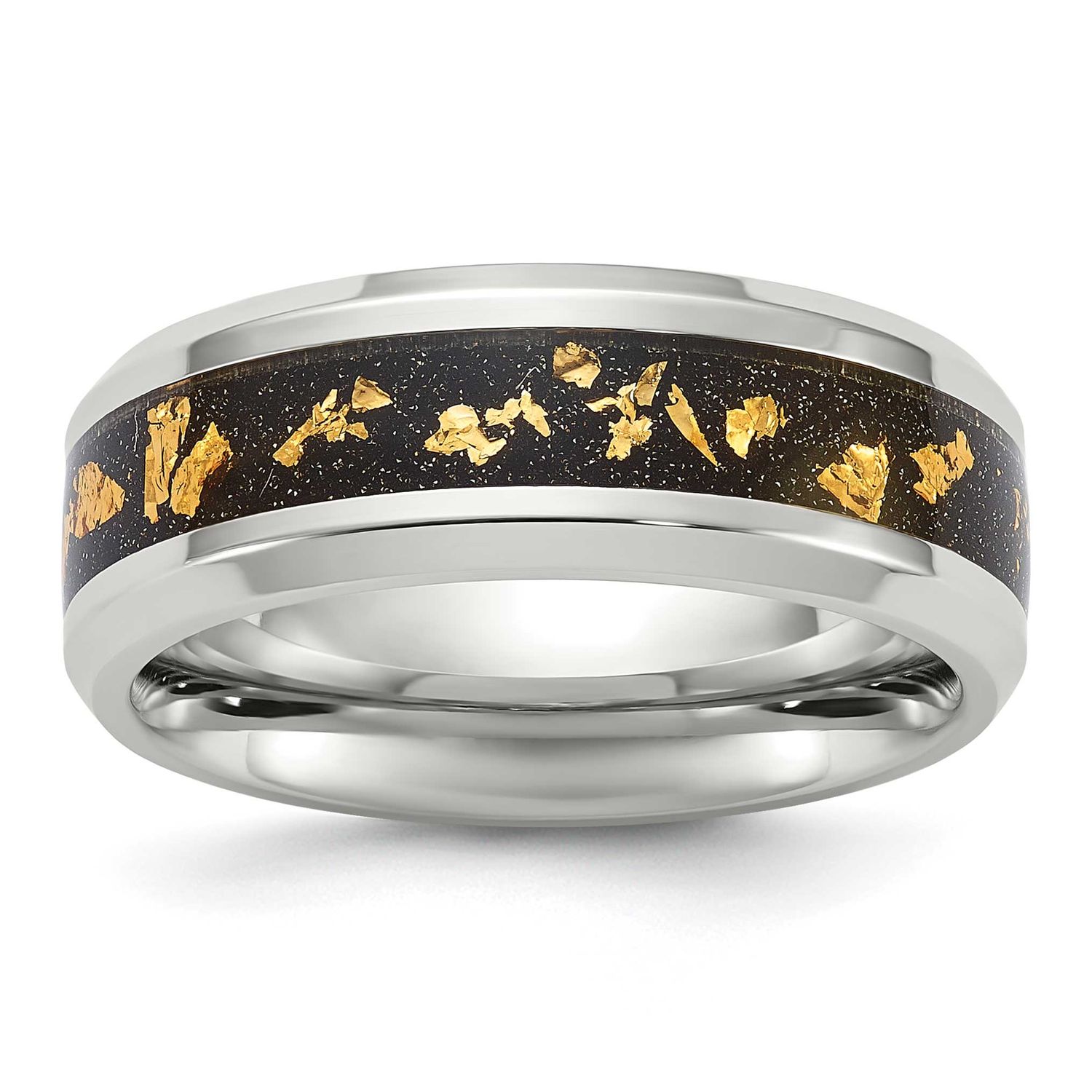 Black and Gold Foil Inlay 8mm Band Stainless Steel Polished, SR712-7.5, 196904254592