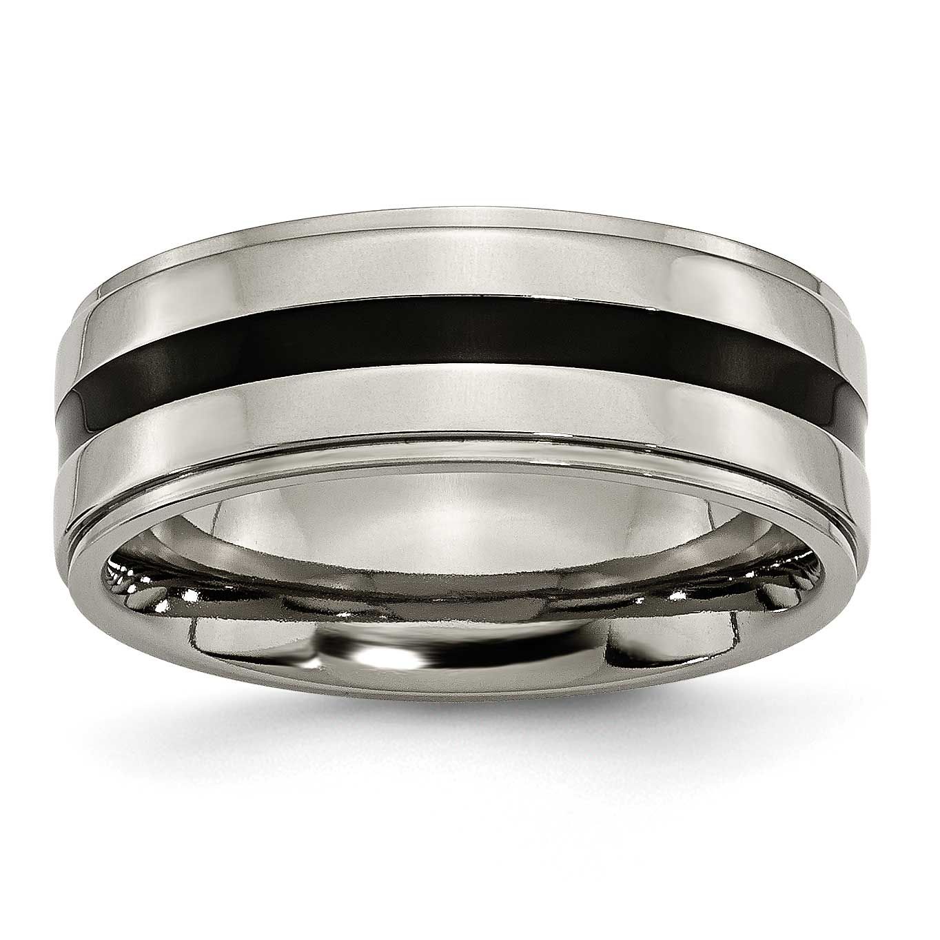 Black Enamel 8mm Ridged Edge Band Titanium Polished, TB231-12, 883957800943