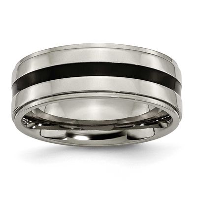 Black Enamel 8mm Ridged Edge Band Titanium Polished, TB231-12, 883957800943
