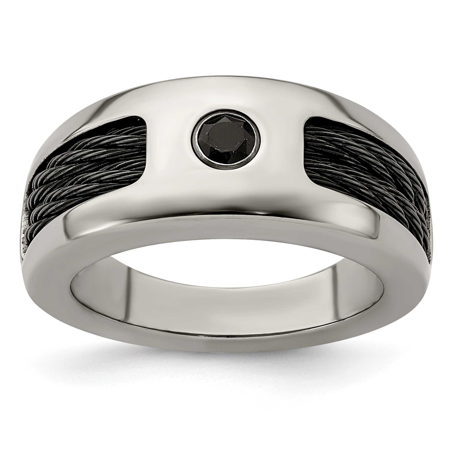 Edward Mirell Double Cable and Black Spinel with Sterling Silver Bezel 8mm Band Titanium, EMR224-11