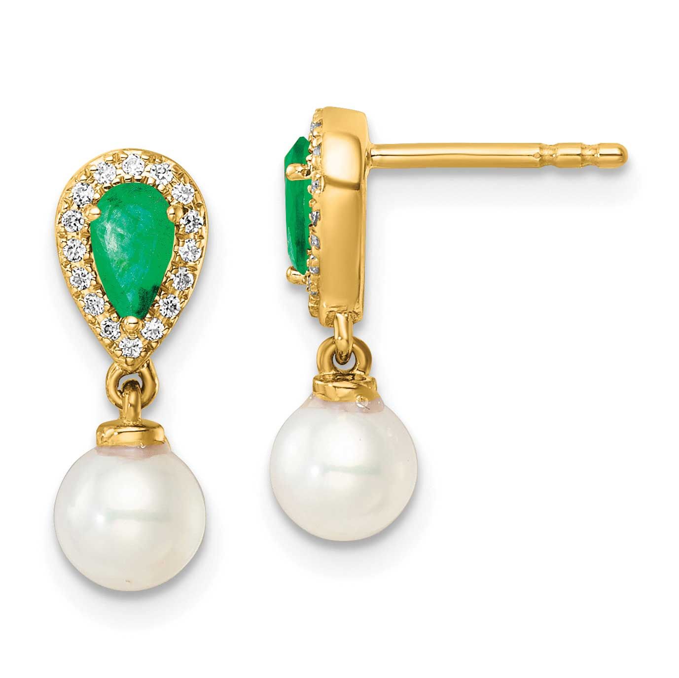 Diamond Pearl and Emerald Dangle Post Earrings 14k Gold Polished, EM9982-EM-010-YAA,