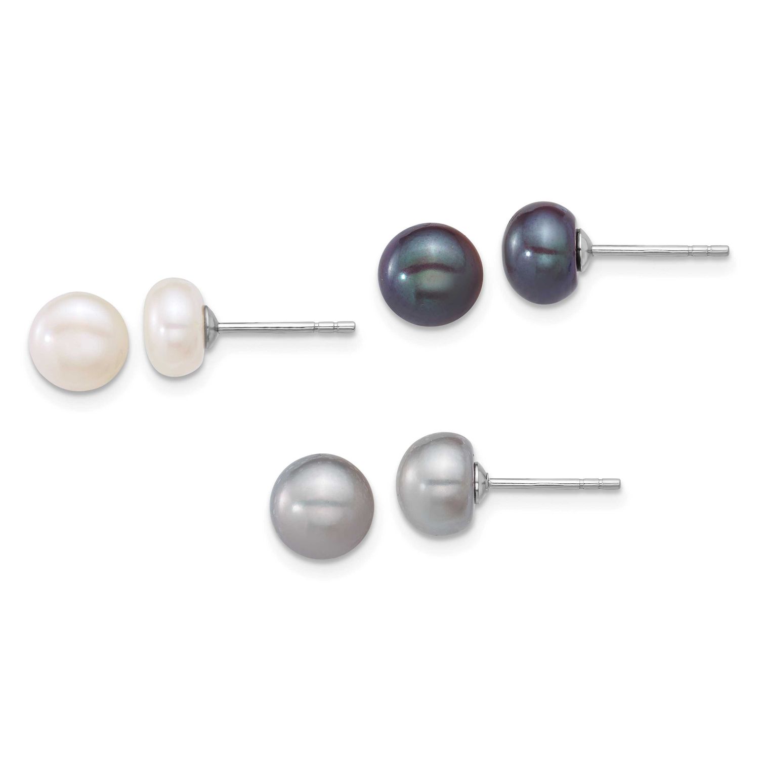 7-8mm White, Grey and Black Button Freshwater Cultured Pearl 3-piece Post Earring Set Sterling Silv