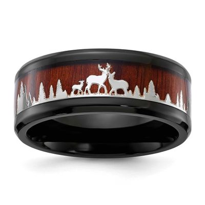 Black IP-plated with Wood Inlay Deer in Forest Design 9mm Band Stainless Steel Polished, SR720-12,