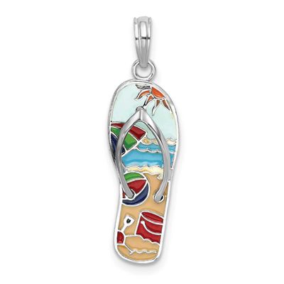 De-Ani 3D Enameled Beach Scene Flip-flop Pendant Sterling Silver Rhodium-plated, QC10723, 637218167