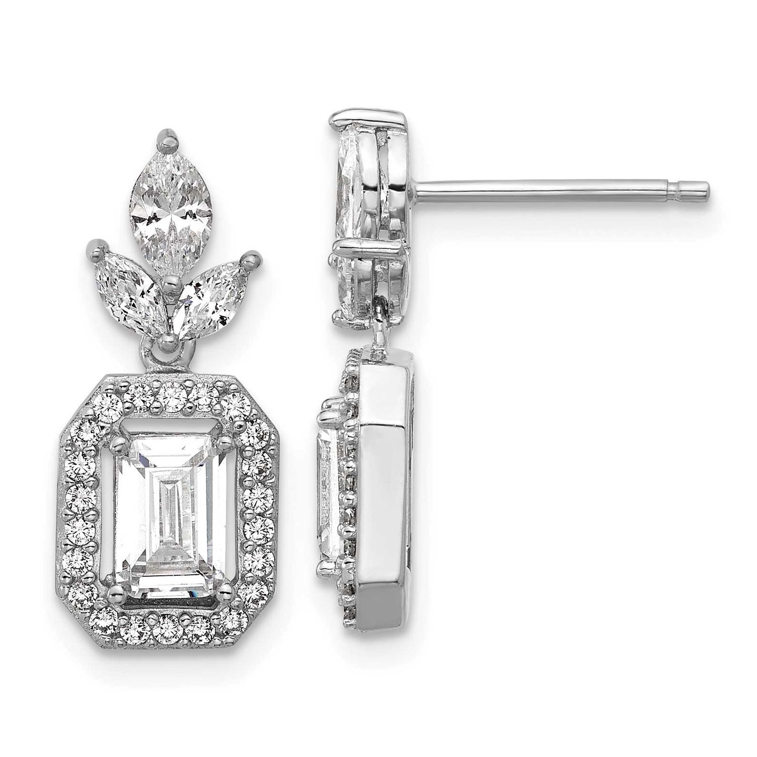 Cheryl M Polished Fancy Emerald-cut CZ Halo Post Dangle Earrings Sterling Silver Rhodium-plated, QC