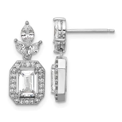 Cheryl M Polished Fancy Emerald-cut CZ Halo Post Dangle Earrings Sterling Silver Rhodium-plated, QC