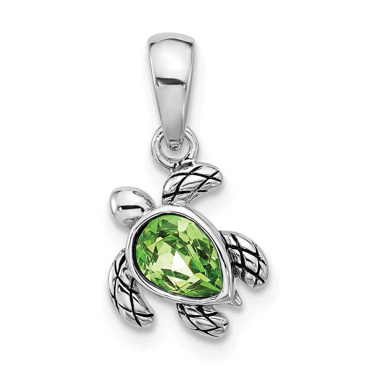Polished and Antiqued Crystal August Birthstone Turtle Pendant Sterling Silver Rhodium-plated, QP59