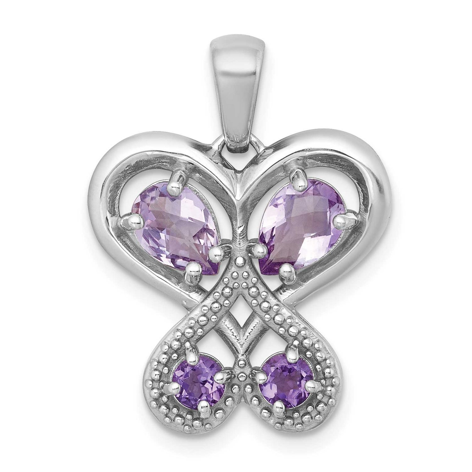 Polished Amethyst and Rose de France Quartz Heart Butterfly Pendant Sterling Silver Rhodium-plated,
