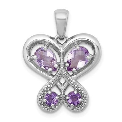 Polished Amethyst and Rose de France Quartz Heart Butterfly Pendant Sterling Silver Rhodium-plated,