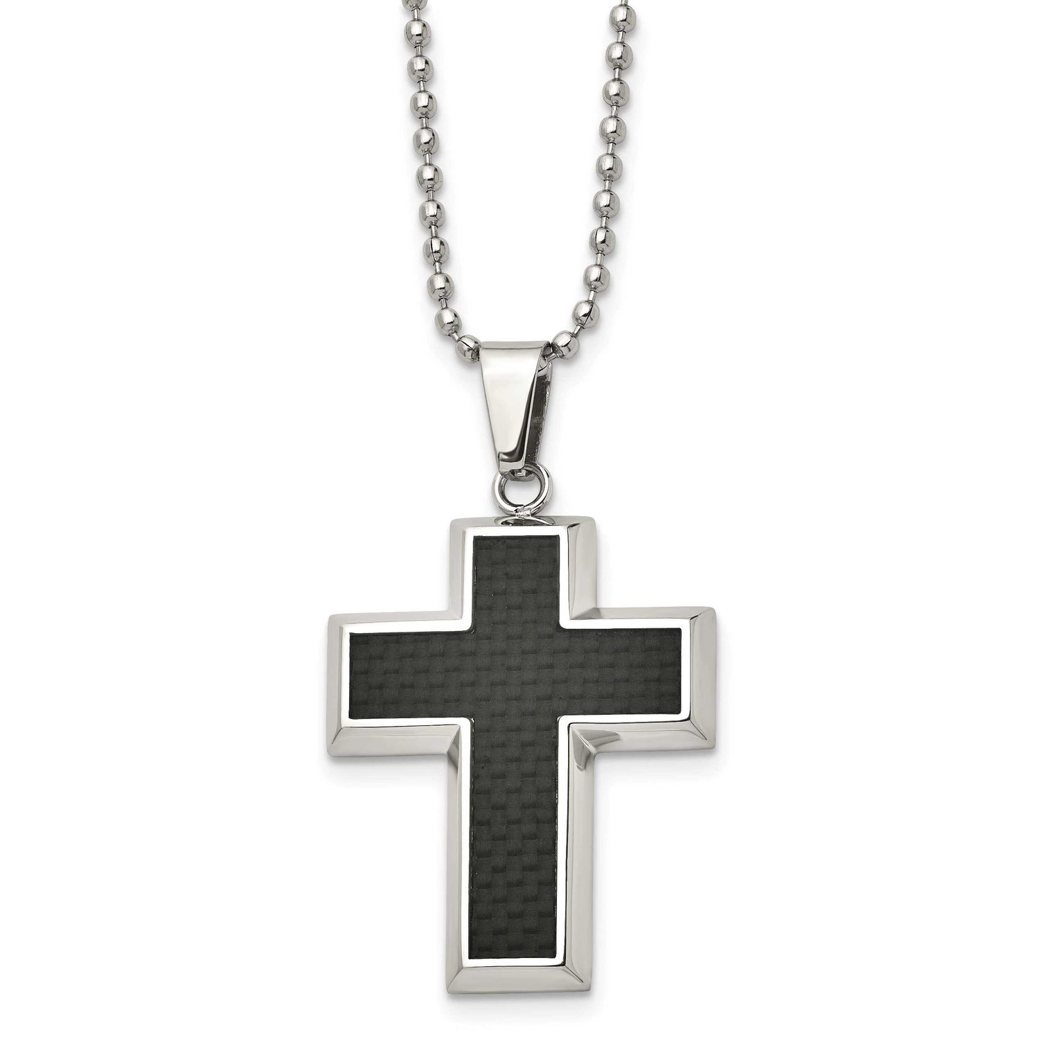 Black Carbon Fiber Inlay Cross Pendant on a 22 inch Ball Chain Necklace Stainless Steel Polished, S