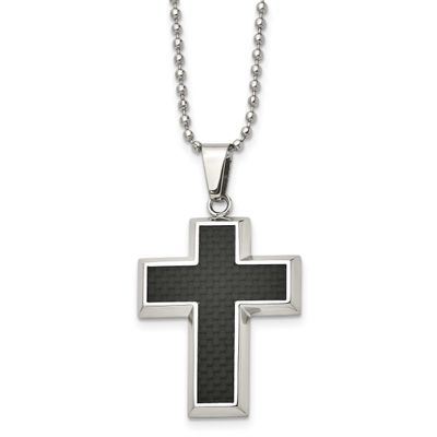 Black Carbon Fiber Inlay Cross Pendant on a 22 inch Ball Chain Necklace Stainless Steel Polished, S