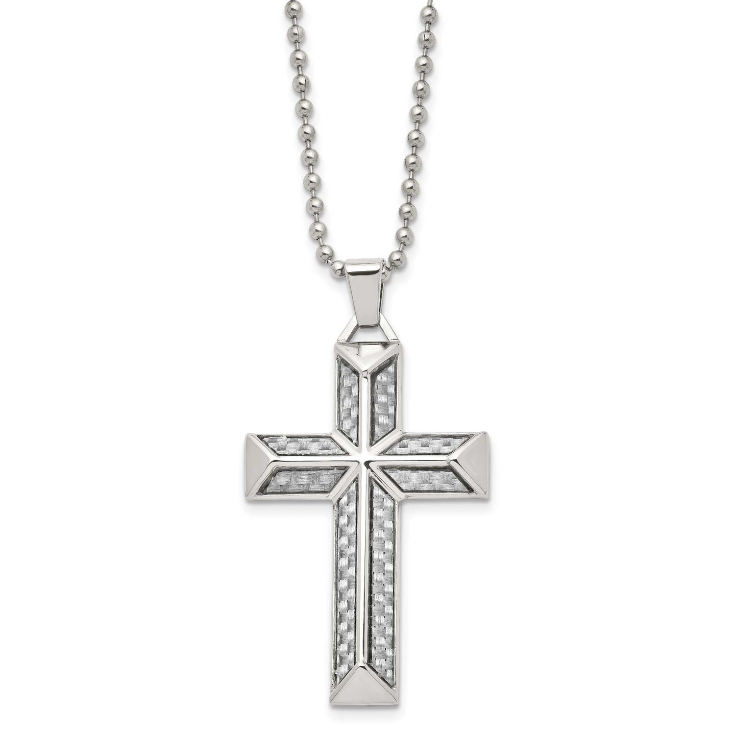 Grey Carbon Fiber Inlay Cross Pendant on a 24 inch Ball Chain Necklace Stainless Steel Polished, SR