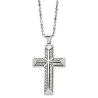 Grey Carbon Fiber Inlay Cross Pendant on a 24 inch Ball Chain Necklace Stainless Steel Polished, SR
