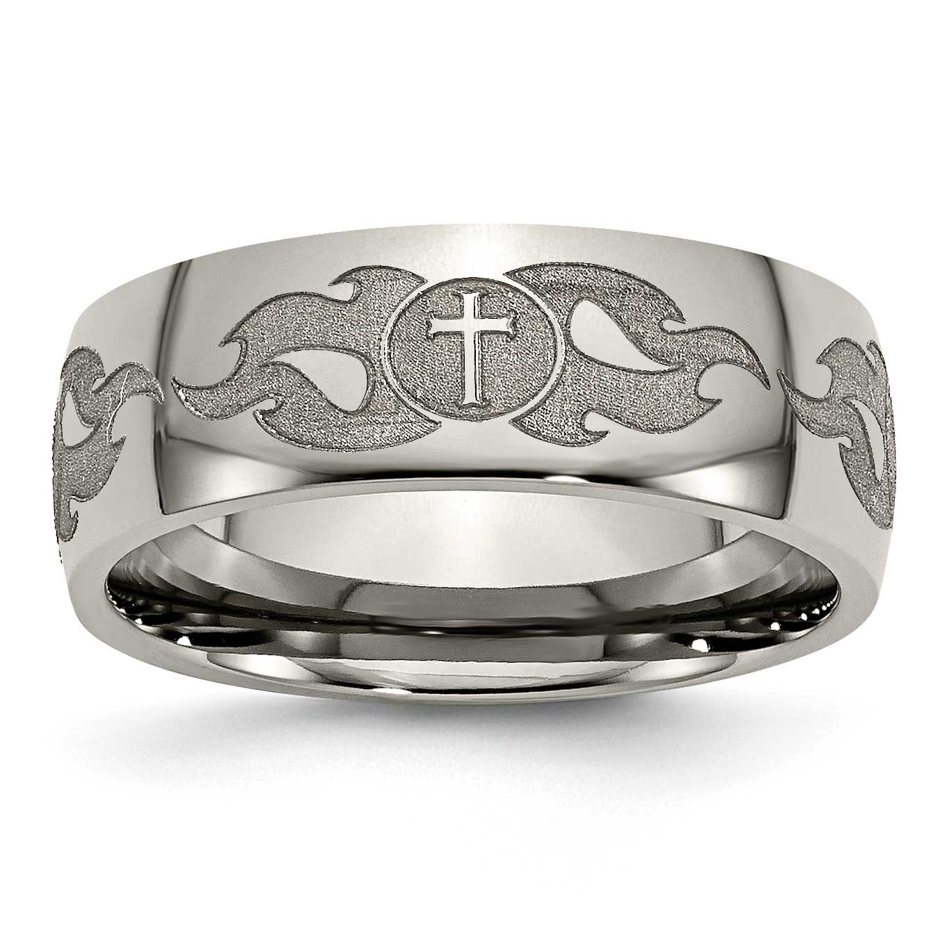 Cross with Flames Laser Design 8mm Band Titanium Polished, TB2S-10, 886774058115