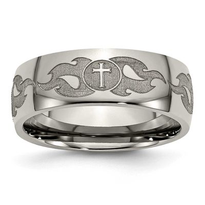 Cross with Flames Laser Design 8mm Band Titanium Polished, TB2S-10, 886774058115