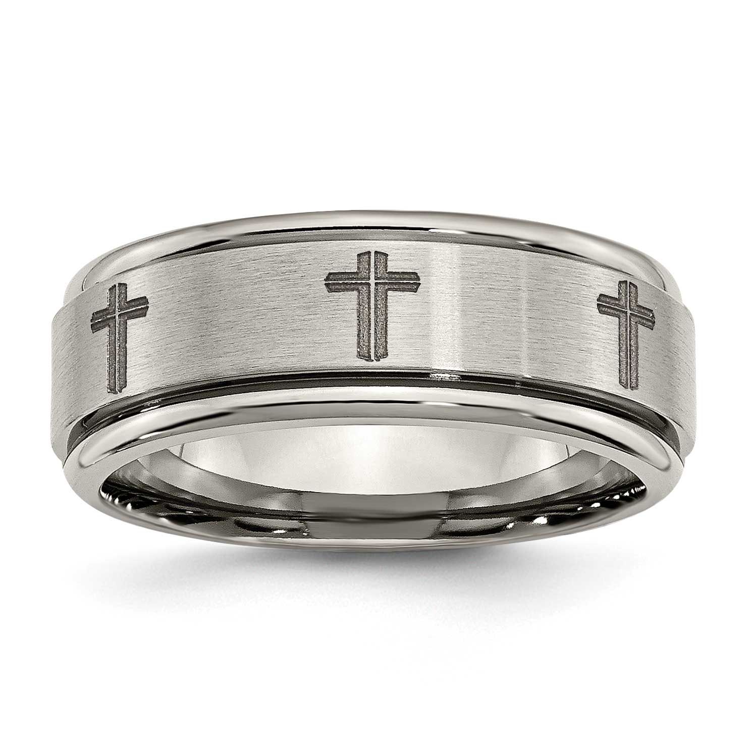 Cross Laser Design 8mm Ridged Edge Band Titanium Brushed and Polished, TB11D-11, 886774045986