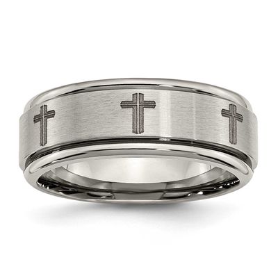 Cross Laser Design 8mm Ridged Edge Band Titanium Brushed and Polished, TB11D-11, 886774045986