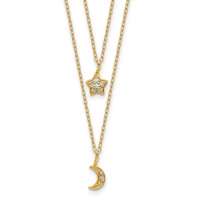 Cheryl M Polished 2-Strand CZ Moon and Star 16 Inch with 2 Inch Extension Necklace Sterling Silver