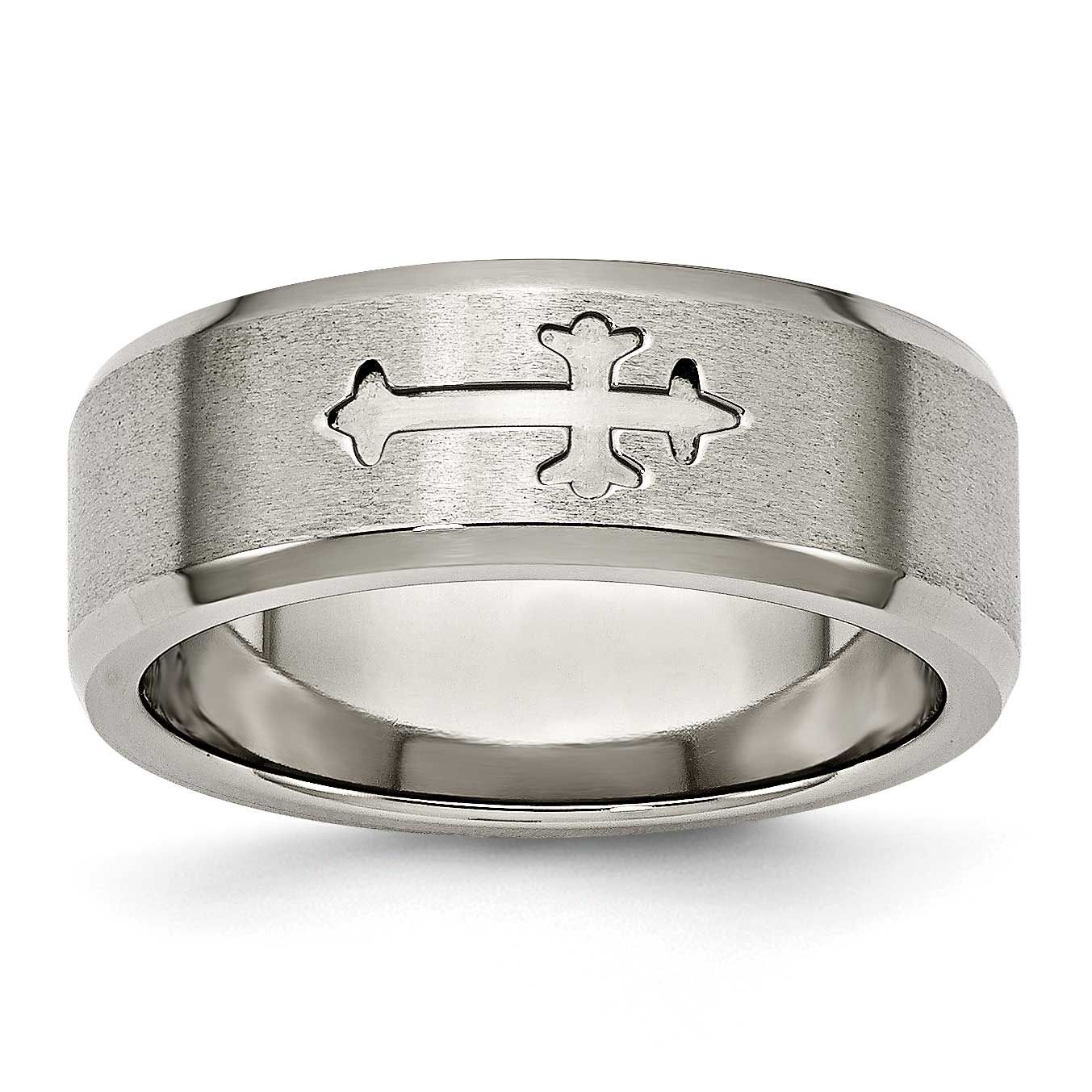 Cross Design 8mm Beveled Edge Band Titanium Brushed Center, TB335-7.5, 886774531489