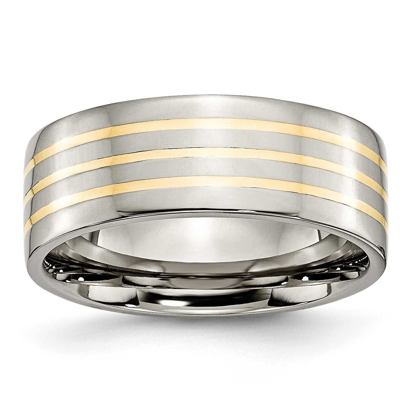 14k Gold Inlay 8mm Flat Band Titanium Polished, TB227-9.5, 883957800448