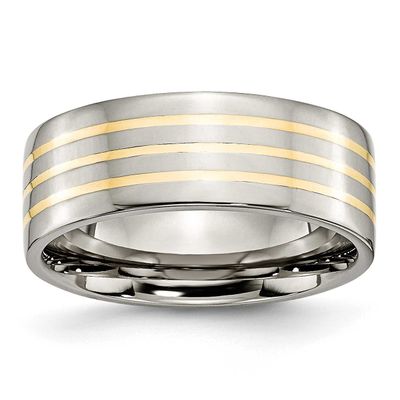 14k Gold Inlay 8mm Flat Band Titanium Polished, TB227-9.5, 883957800448