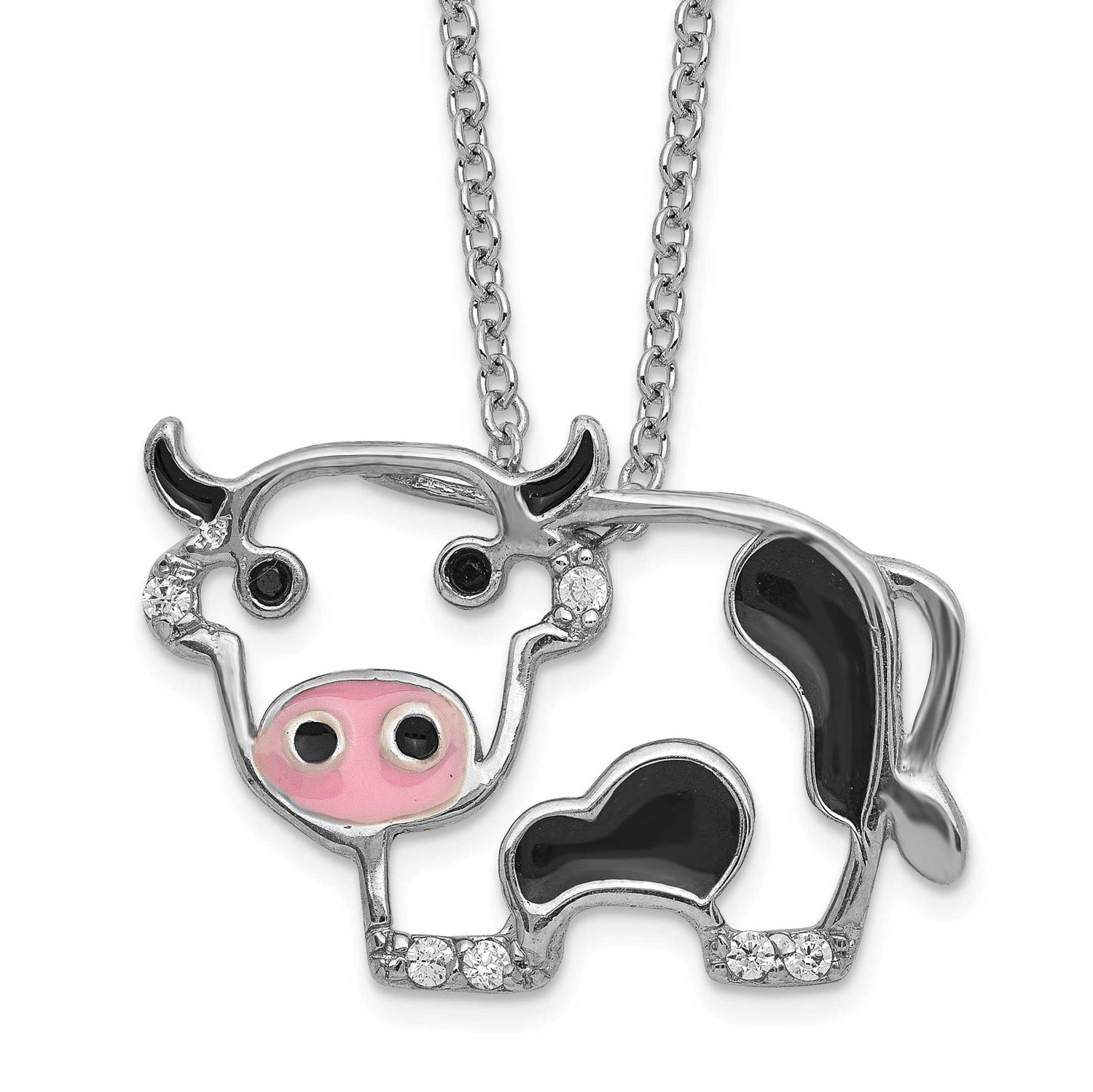Cheryl M Polished and Enameled Black and White CZ Cow 16 Inch with 2 Inch Extension Necklace Sterli
