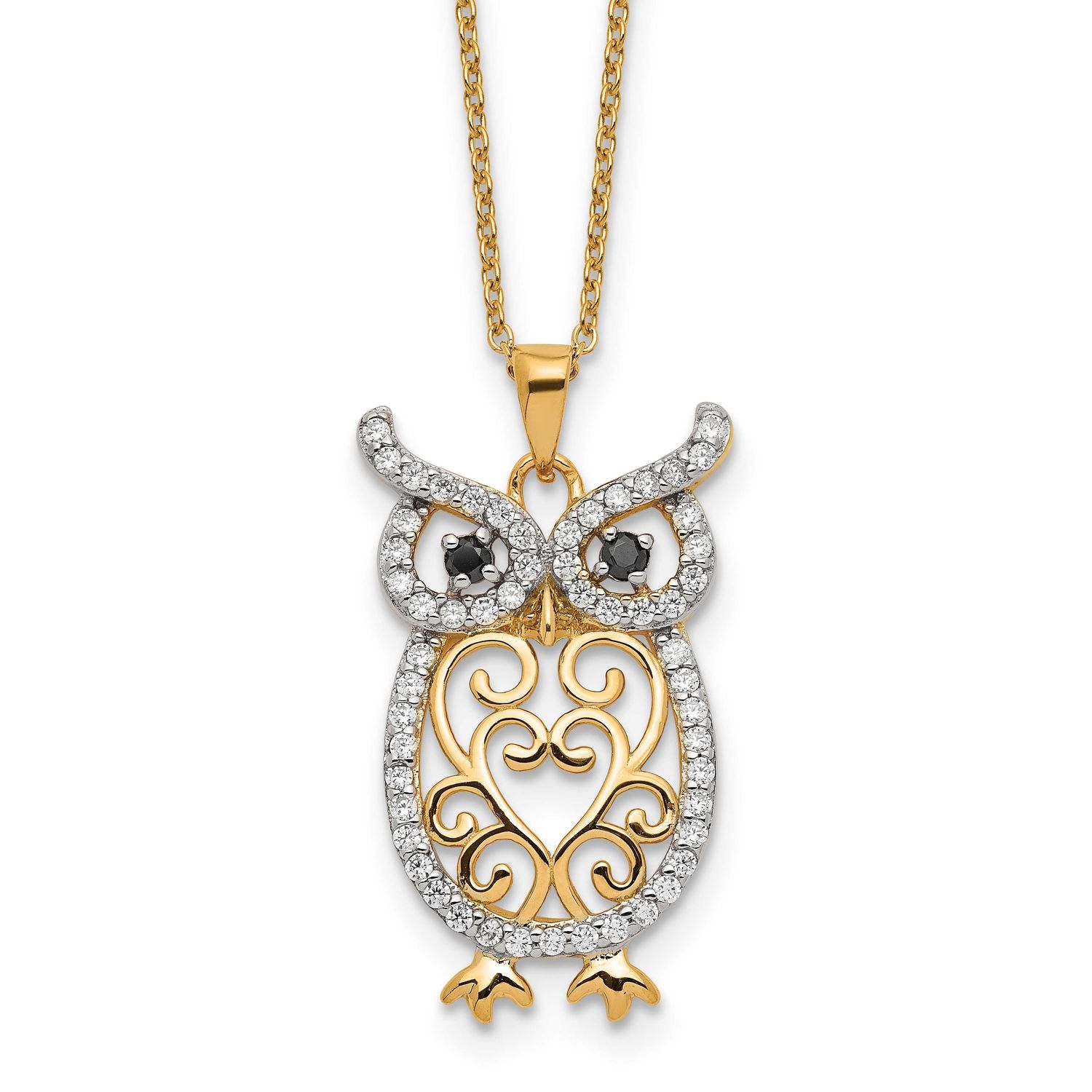 Cheryl M Polished Black and White CZ Owl 16 Inch with 2 Inch Extension Necklace Sterling Silver Gol