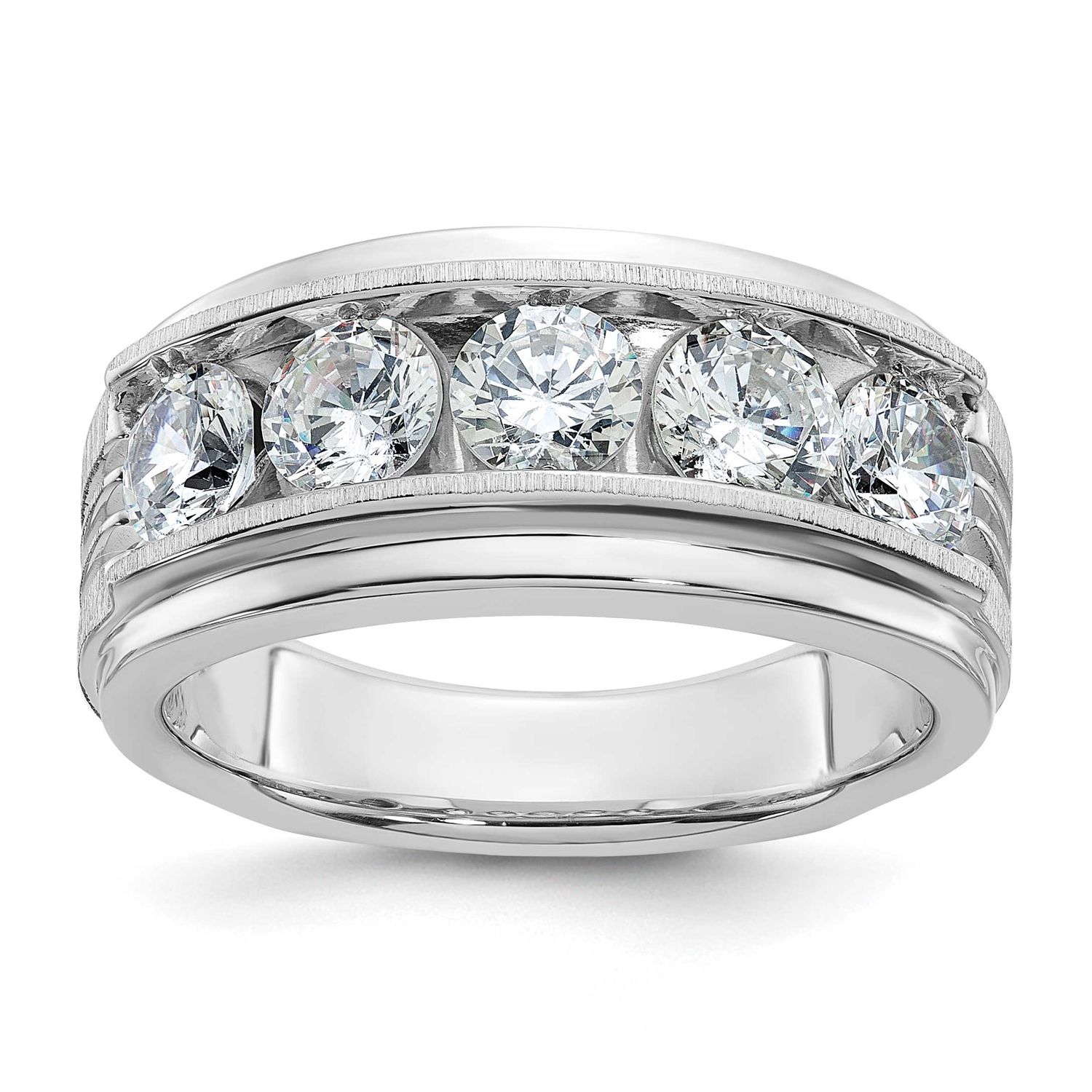 IBGoodman Men&#39;s Polished Satin and Grooved 5-Stone 2 Carat Lab Grown Diamond Ring 14k White Gold, B