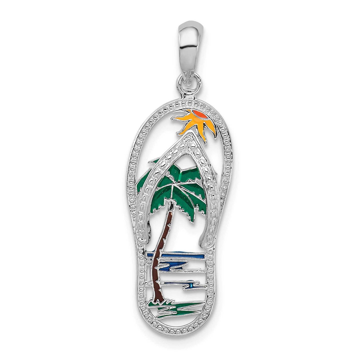 De-Ani Polished Enameled Palm Tree Flip-flop Pendant Sterling Silver Rhodium-plated, QC11078,