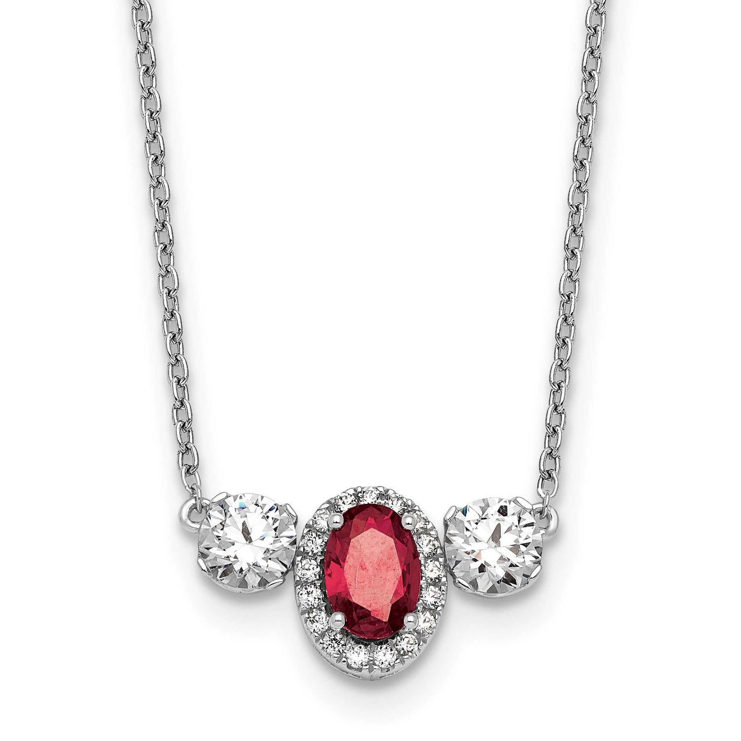 Lab Grown VS/SI FGH Diamond and Cr Ruby 3-Stone Necklace 14k White Gold, PM10468-CRU-113-WLG,