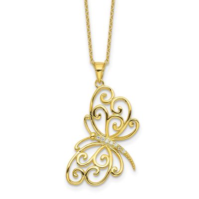 Cheryl M Polished CZ Butterfly 16 Inch with 2 Inch Extension Necklace Sterling Silver Gold-plated,