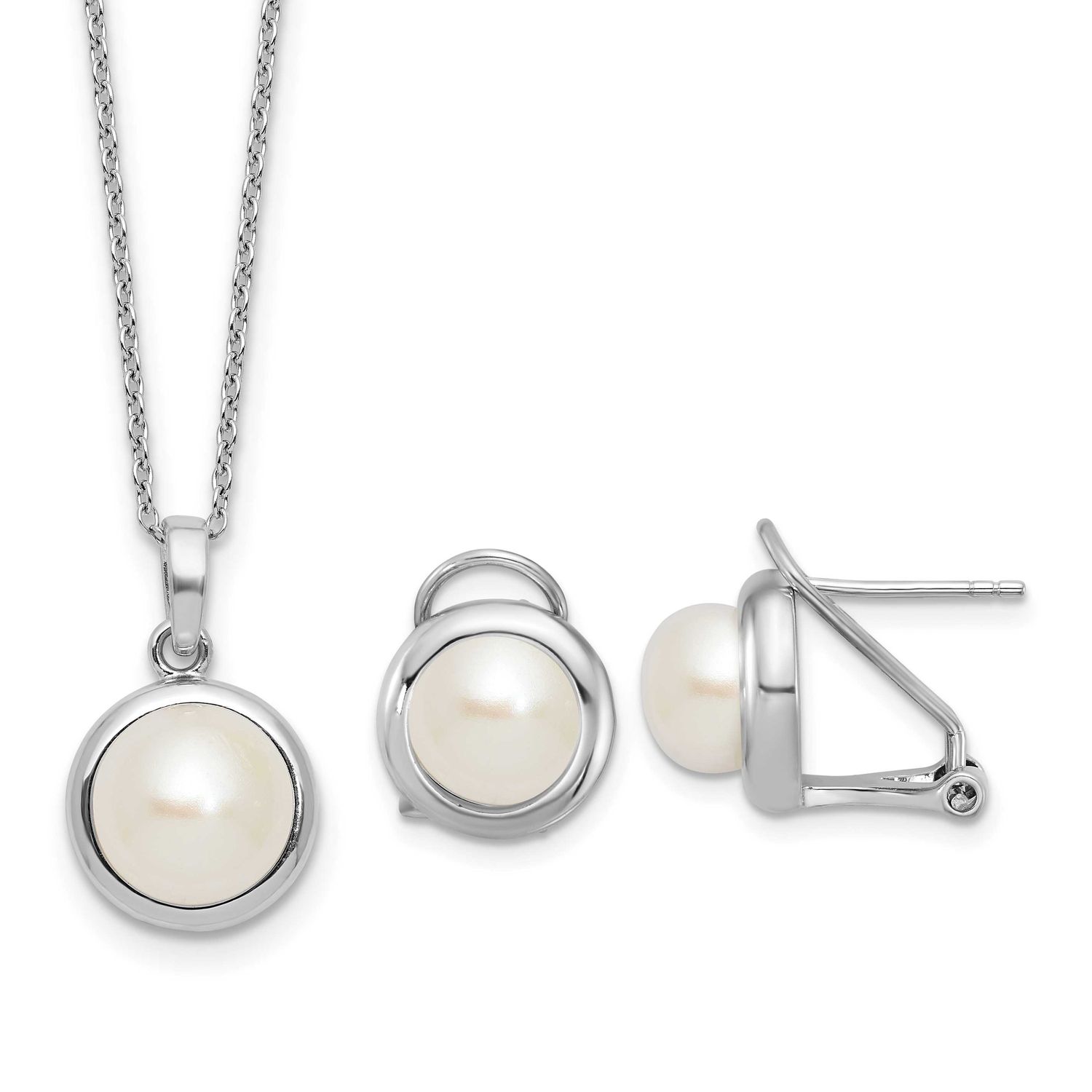 8-9mm White Button Freshwater Cultured Pearl 17 inch Necklace and Omega Back Earrings Set Sterling
