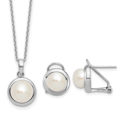 8-9mm White Button Freshwater Cultured Pearl 17 inch Necklace and Omega Back Earrings Set Sterling