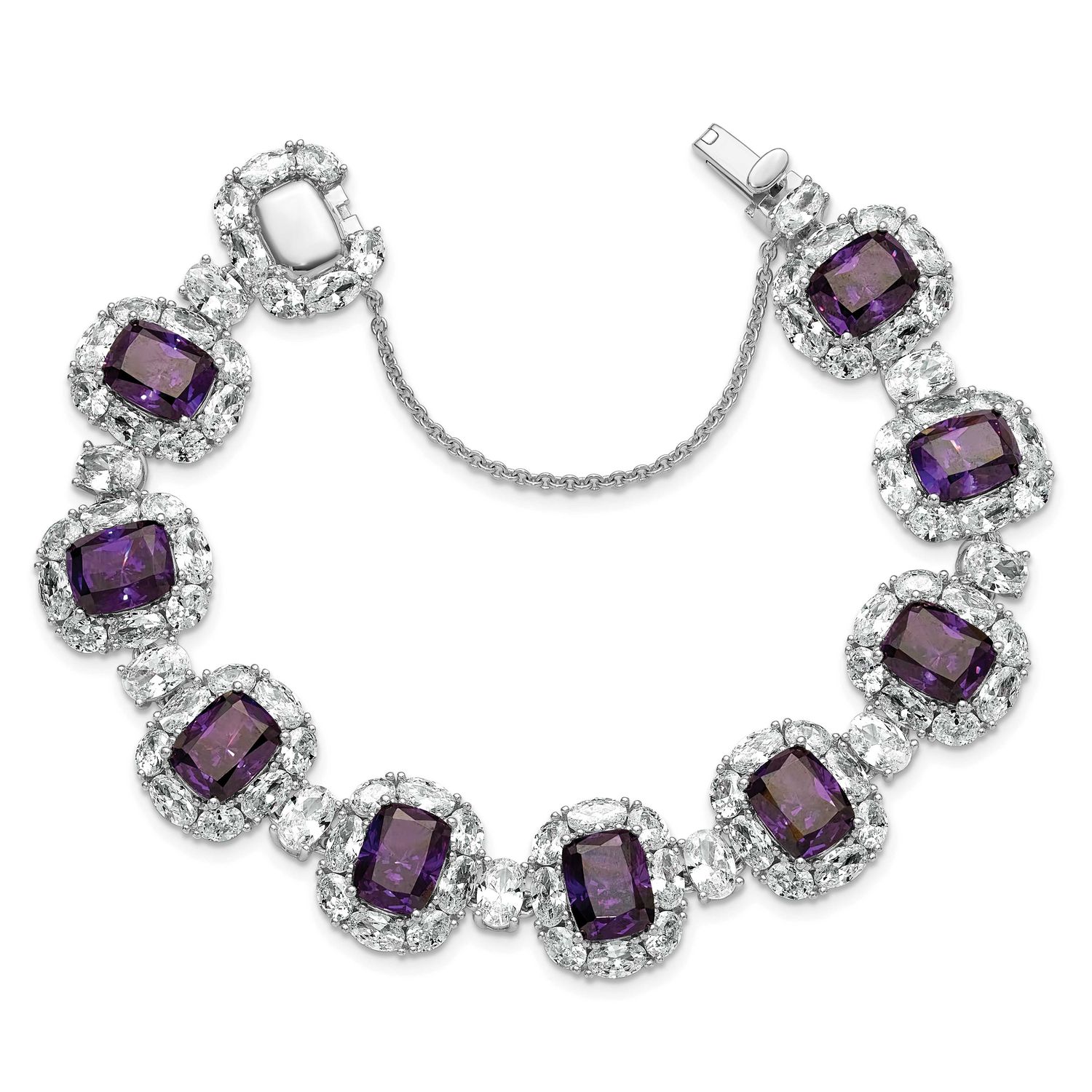 Cheryl M Polished Fancy Purple and White CZ Halo Cluster with Safety Chain 7 Inch Bracelet Sterling