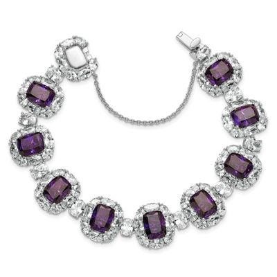 Cheryl M Polished Fancy Purple and White CZ Halo Cluster with Safety Chain 7 Inch Bracelet Sterling