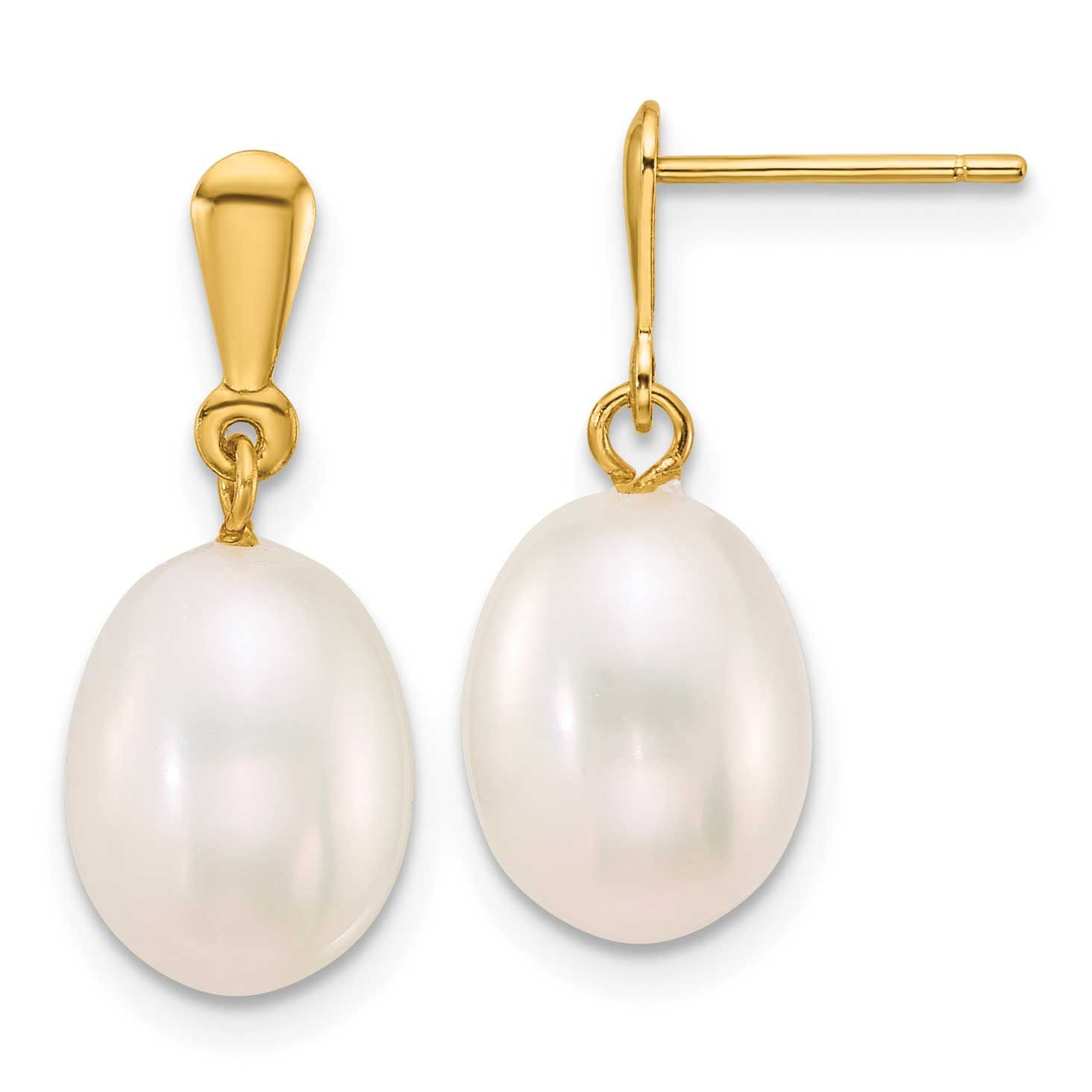 8-9mm White Rice Freshwater Cultured Pearl Post Dangle Earrings 10k Gold, 10XF924E,