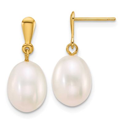 8-9mm White Rice Freshwater Cultured Pearl Post Dangle Earrings 10k Gold, 10XF924E,