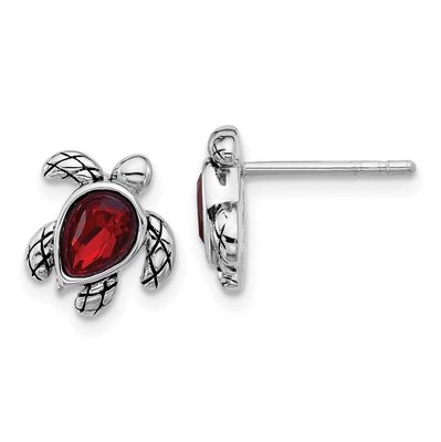 Polished and Antiqued Red Crystal January Birthstone Turtle Earrings Sterling Silver Rhodium-plated