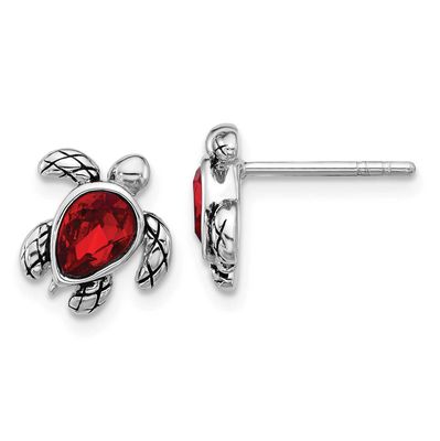 Polished and Antiqued Red Crystal July Birthstone Turtle Earrings Sterling Silver Rhodium-plated, Q