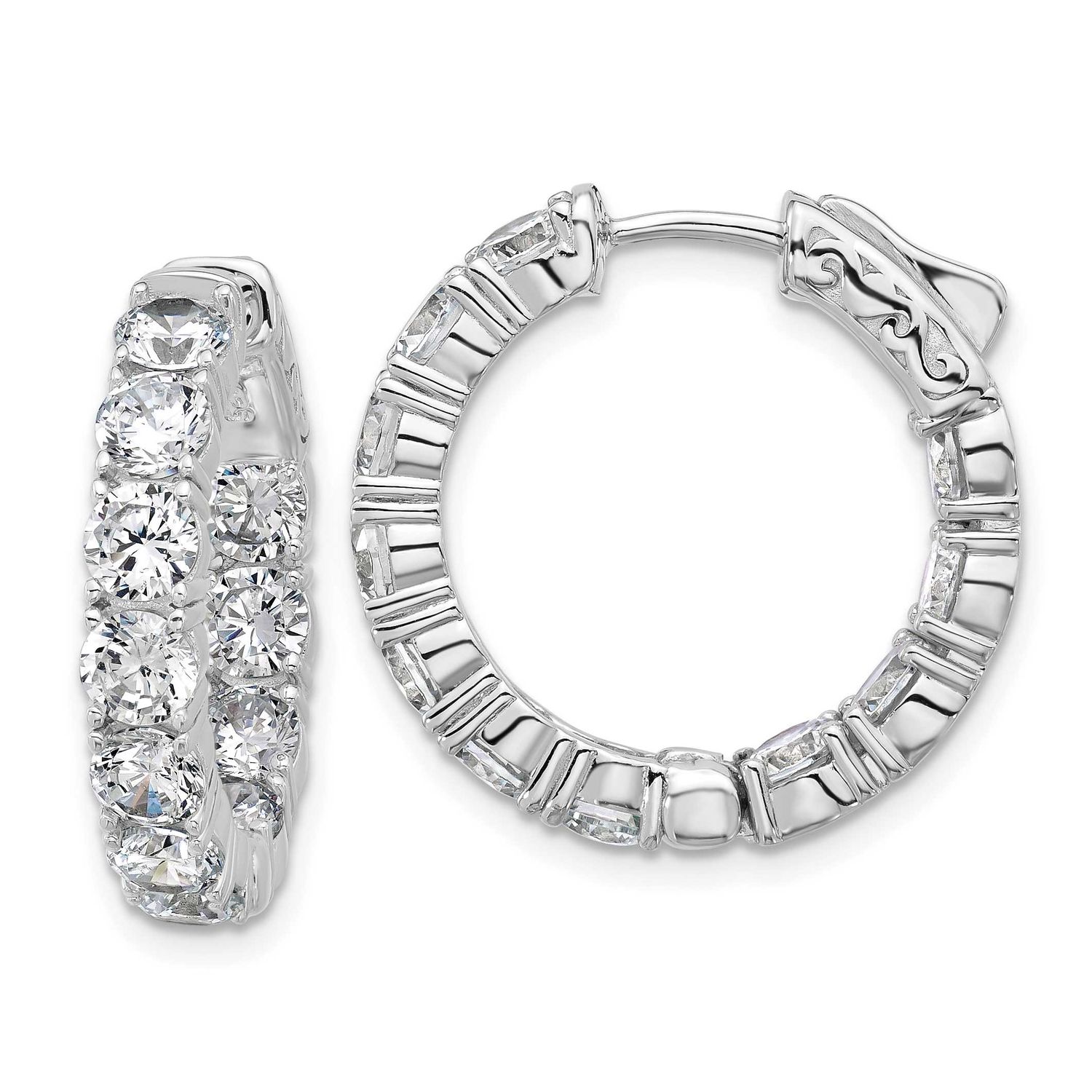 4mm CZ 22 Stone In and Out Hinged Hoop Earrings Sterling Silver Rhodium-plated, QSH142, 196904346655