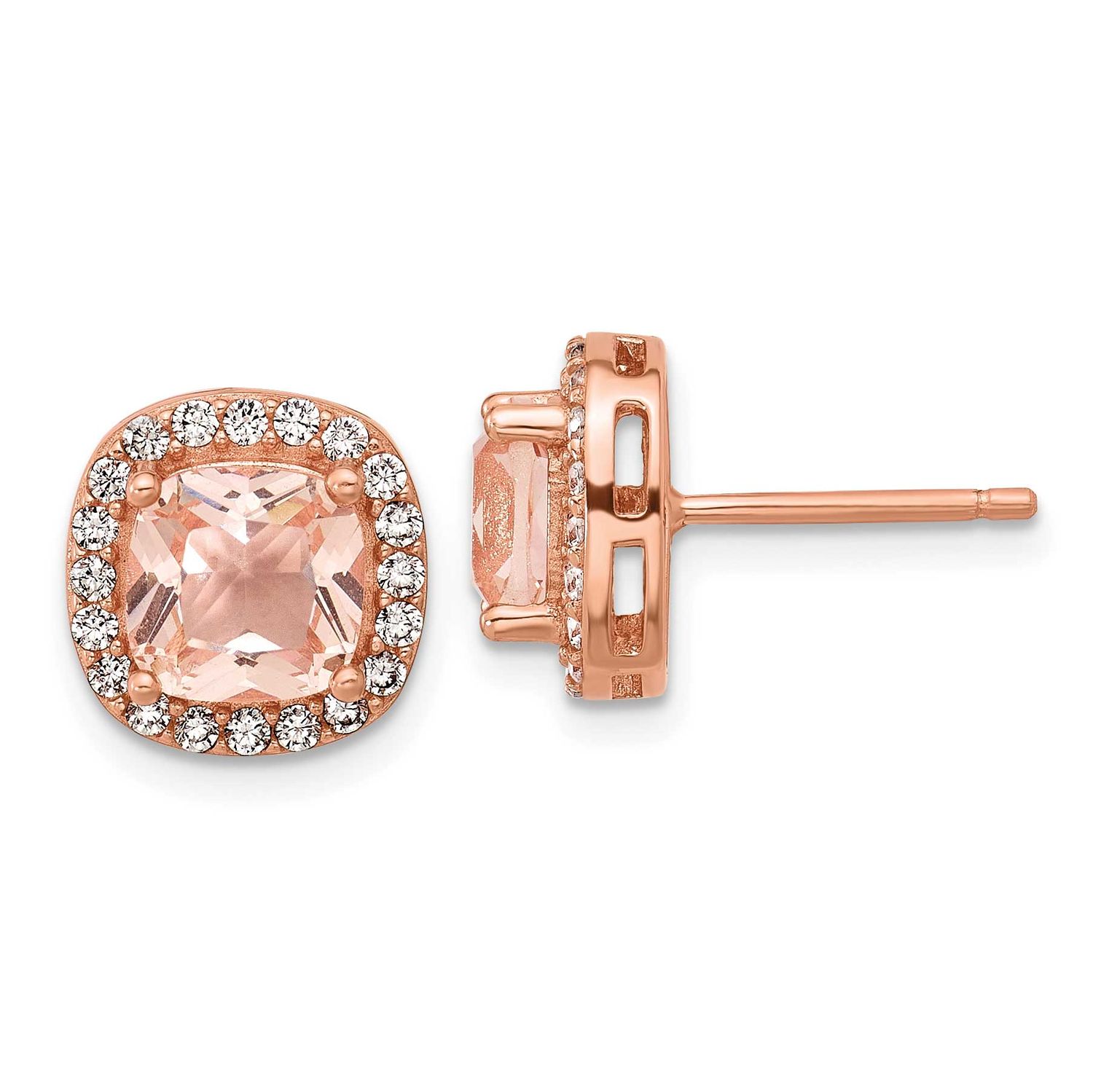 Cheryl M Polished CZ and Pink Glass Halo Post Earrings Sterling Silver Rose Gold-plated, QCM1774, 1