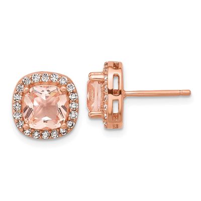 Cheryl M Polished CZ and Pink Glass Halo Post Earrings Sterling Silver Rose Gold-plated, QCM1774, 1
